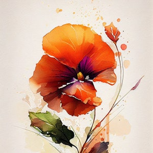 Orange Stiefmütterchen - Blumen Art Print - botanische Aquarell Illustration - sofortiger digitaler Download - druckbare Wandkunst - Wohnkultur