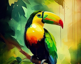 Puede incluir: Un tucán con un pico amarillo, naranja y rojo posado en una rama en un exuberante entorno de selva verde. Las plumas del tucán son de un verde, azul y negro vibrantes.