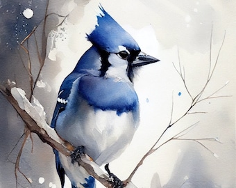 Könnte beinhalten: Ein Aquarellbild eines Blauhähers, der auf einem Ast sitzt. Der Vogel hat einen blauen Scheitel, eine weiße Brust und blaue Schwanzfedern. Der Hintergrund ist ein sanftes Grau mit weißen und blauen Farbspritzern.