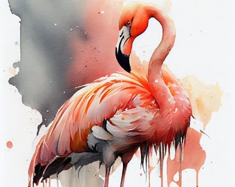 Könnte beinhalten: Aquarellmalerei eines rosafarbenen Flamingos, der in einem flachen Wasserbecken steht. Der Kopf des Flamingos ist zur Seite gedreht, und seine langen Beine spiegeln sich im Wasser. Der Hintergrund ist ein weicher Waschgang in Rosa und Grau.