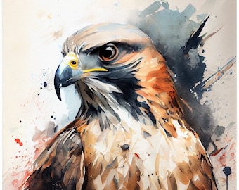 Könnte beinhalten: Aquarellmalerei eines braunen und schwarzen Habichts mit gelbem Schnabel und dunklen Augen. Der Hintergrund ist hellbeige mit Spritzern von roter, schwarzer und blauer Aquarellfarbe.