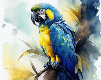Könnte beinhalten: Aquarellmalerei eines blau-gelben Aras, der auf einem Ast mit Blättern sitzt. Der Vogel hat einen schwarzen Schnabel und grüne Akzente auf dem Kopf. Der Hintergrund ist eine weiche Mischung aus Blau, Grün und Gelb.