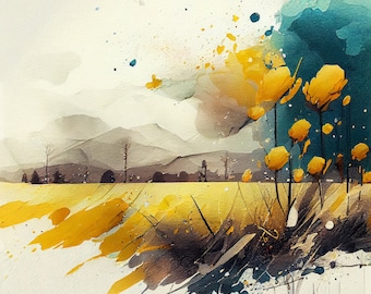 Yellow Iris Field - Flower Art Print - Botanical Watercolors Illustration - Instant Digital Download - Printable Wall Art - Home Decor