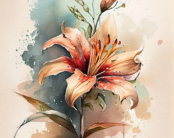 May include: Watercolor painting of a single orange lily with a bud, set against a background of blue and brown watercolor washes.