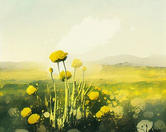 Yellow Ranunculus Field - Flower Art Print - Botanical Watercolors Illustration - Instant Digital Download - Printable Wall Art - Home Decor