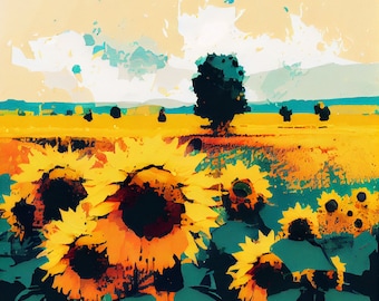 Sunflower Field - Flower Art Print - Botanical Watercolors Illustration - Instant Digital Download - Printable Wall Art - Home Decor