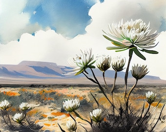 White Protea Field - Flower Art Print - Botanical Watercolors Illustration - Instant Digital Download - Printable Wall Art - Home Decor