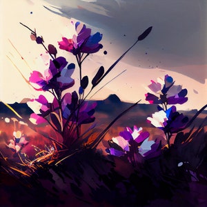 Purple Morning Glory Field - Flower Art Print - Botanical Watercolors Illustration - Instant Digital Download -Printable Wall Art-Home Decor