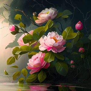 Cespuglio di rose rosa - Stampa artistica di fiori - Illustrazione di acquerelli botanici - Download digitale istantaneo - Arte da parete stampabile - Decorazioni per la casa