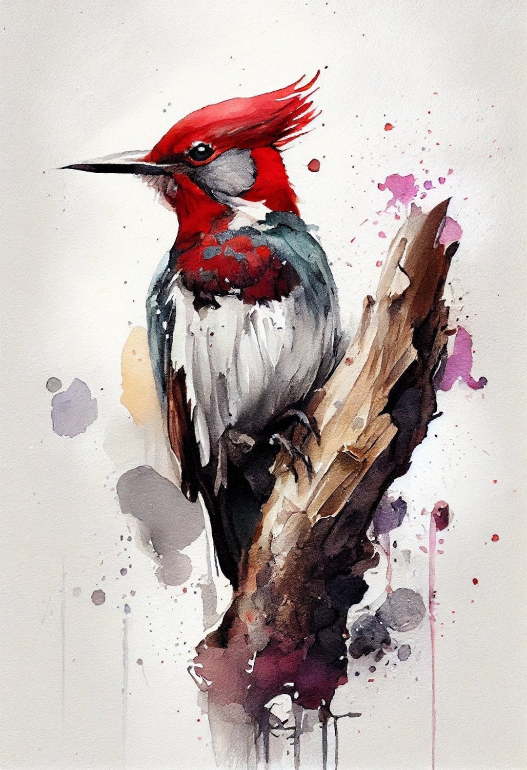 Red Headed Woodpecker Bird Art Print Avian Watercolors Illustration