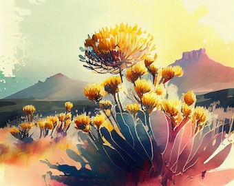 Yellow Protea Field - Flower Art Print - Botanical Watercolors Illustration - Instant Digital Download - Printable Wall Art - Home Decor