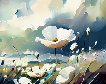 White Anemone Field - Flower Art Print - Botanical Watercolors Illustration - Instant Digital Download - Printable Wall Art - Home Decor