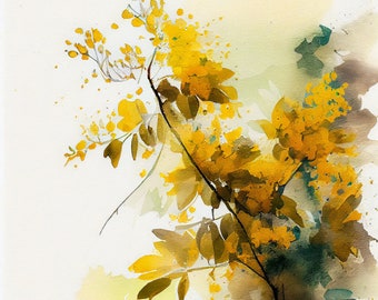 Yellow Jasmine Field - Flower Art Print - Botanical Watercolors Illustration - Instant Digital Download - Printable Wall Art - Home Decor