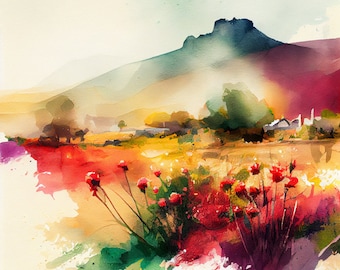 Red Protea Field - Flower Art Print - Botanical Watercolors Illustration - Instant Digital Download - Printable Wall Art - Home Decor