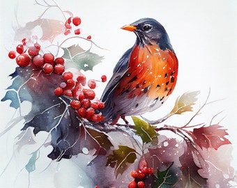 May include: Watercolor painting of a robin perched on a branch with red berries. The bird has a black head and a red breast. The background is a soft white with hints of blue and green.