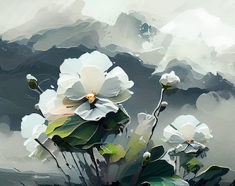 White Hibiscus Field - Flower Art Print - Botanical Watercolors Illustration - Instant Digital Download - Printable Wall Art - Home Decor