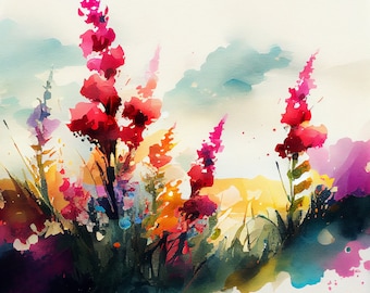 Red Snapdragons Field - Flower Art Print - Botanical Watercolors Illustration - Instant Digital Download - Printable Wall Art - Home Decor