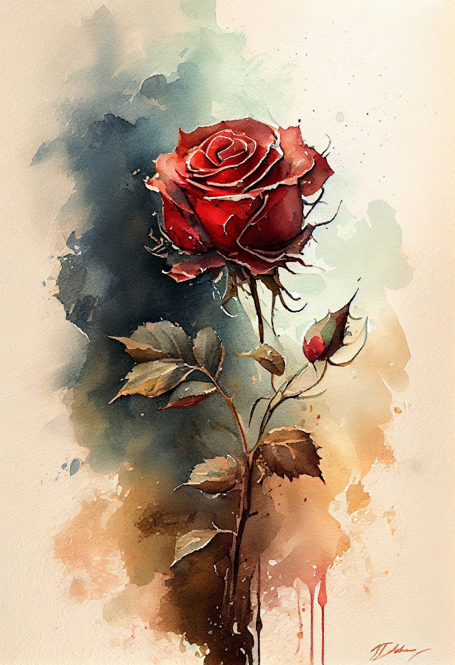 Red Rose Flower Art Print Botanical Watercolors Illustration Instant