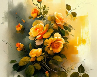 Yellow Rose Bush - Flower Art Print - Botanical Watercolors Illustration - Instant Digital Download - Printable Wall Art - Home Decor