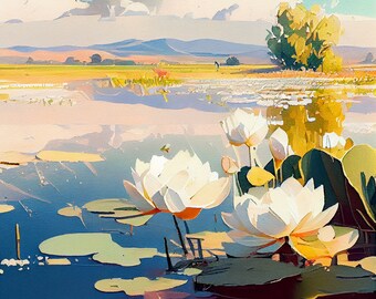 White Lotus Marsh - Flower Art Print - Botanical Watercolors Illustration - Instant Digital Download - Printable Wall Art - Home Decor