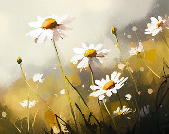 White Daisy Field - Flower Art Print - Botanical Watercolors Illustration - Instant Digital Download - Printable Wall Art - Home Decor