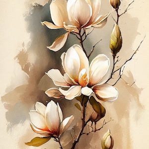 White Magnolia  - Flower Art Print - Botanical Watercolors Illustration - Instant Digital Download - Printable Wall Art - Home Decor
