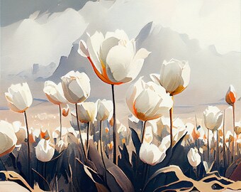 White Tulip Field - Flower Art Print - Botanical Watercolors Illustration - Instant Digital Download - Printable Wall Art - Home Decor