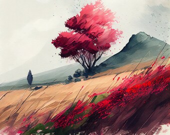 Red Sweet Pea Field - Flower Art Print - Botanical Watercolors Illustration - Instant Digital Download - Printable Wall Art - Home Decor