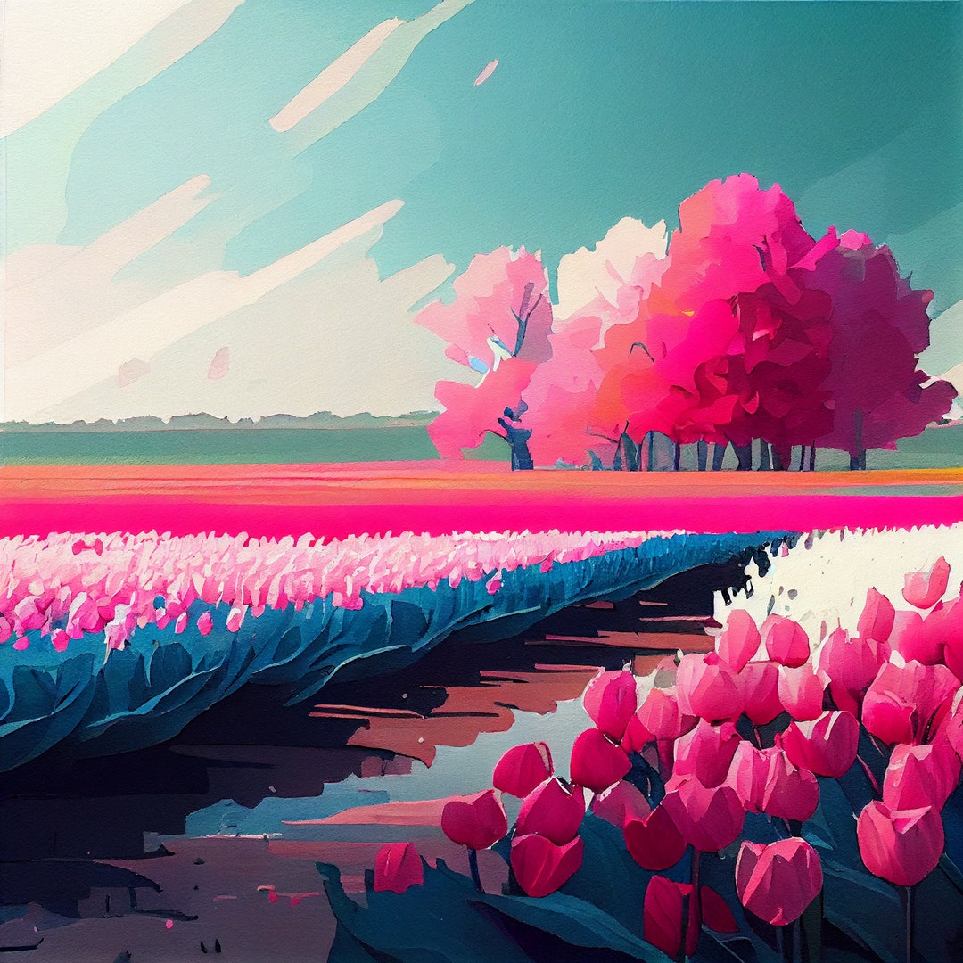 Pink Tulip Field - Flower Art Print - Botanical Watercolors ...