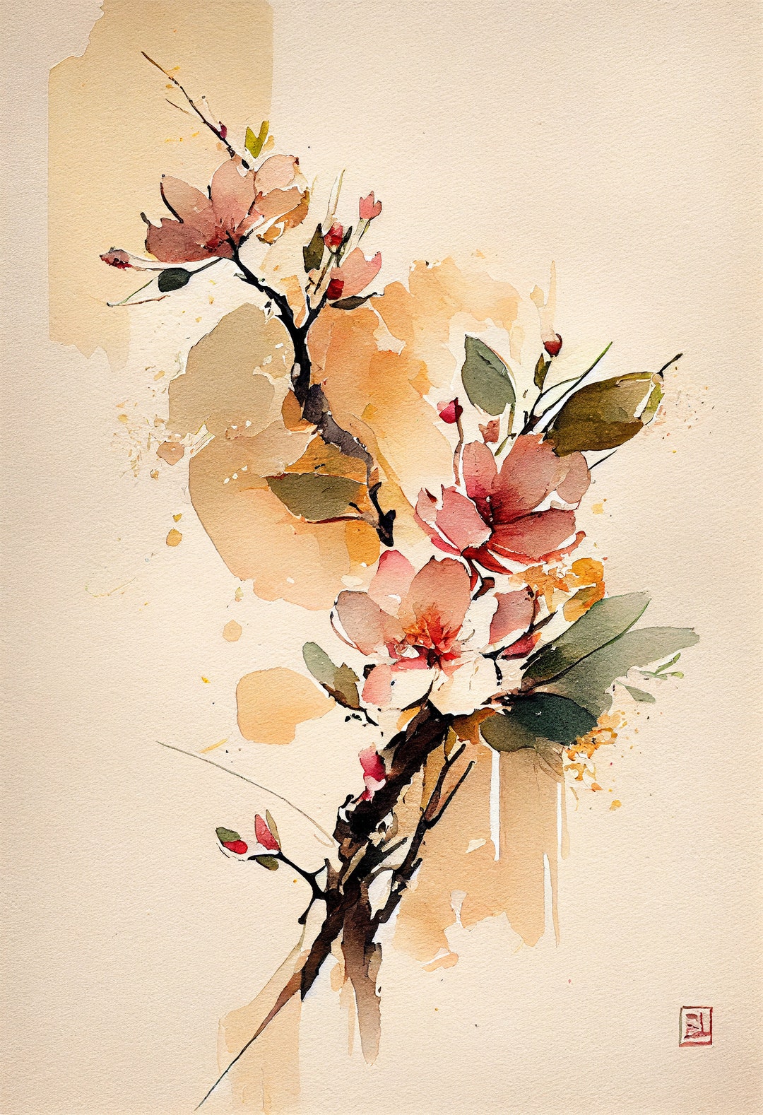 Cherry Blossom Flower Art Print Botanical Watercolors Illustration