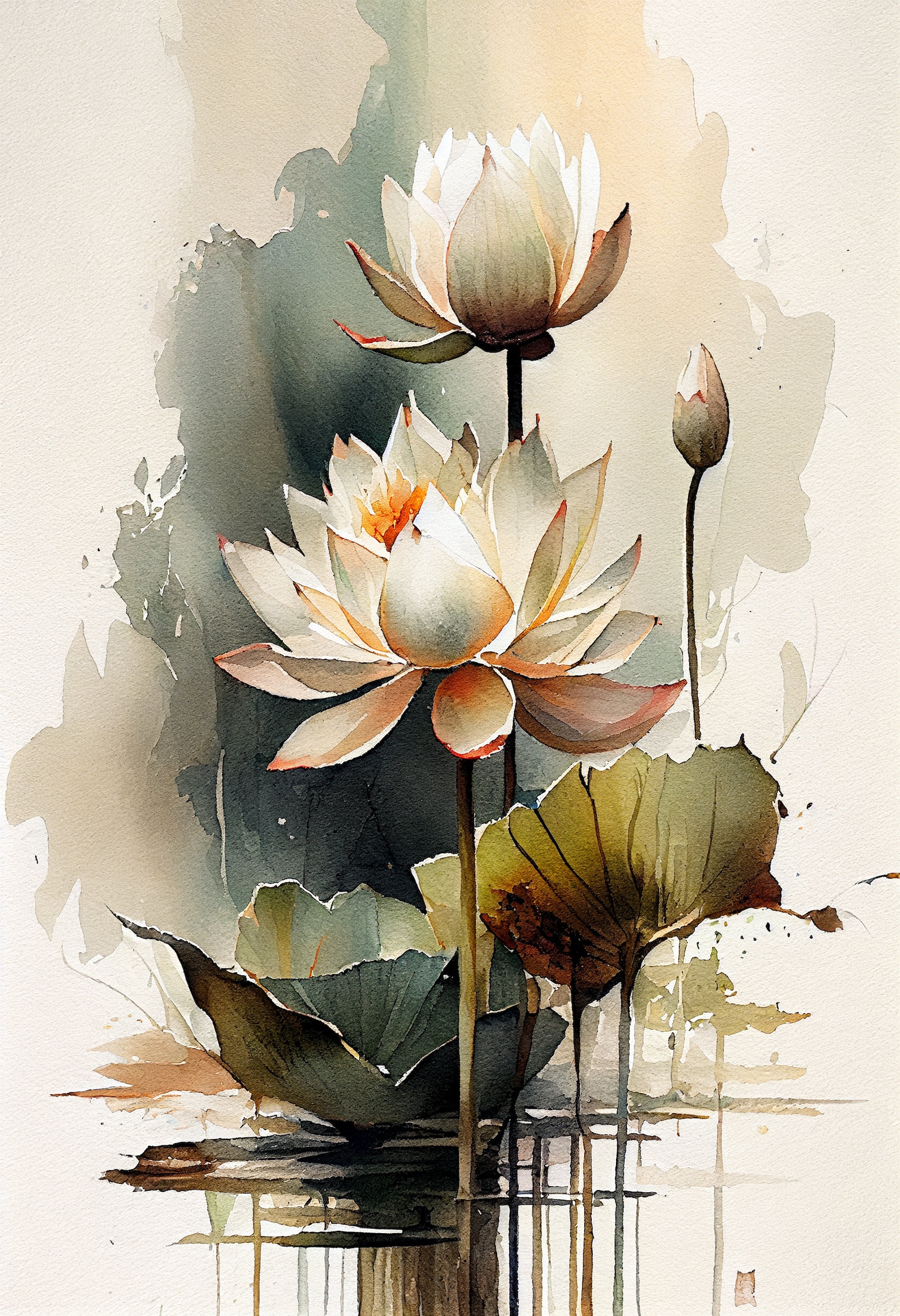 White Lotus Flower Art Print Botanical Watercolors Illustration Instant