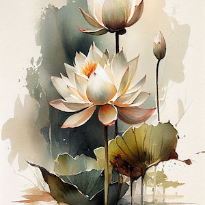 White Lotus  - Flower Art Print - Botanical Watercolors Illustration - Instant Digital Download - Printable Wall Art - Home Decor