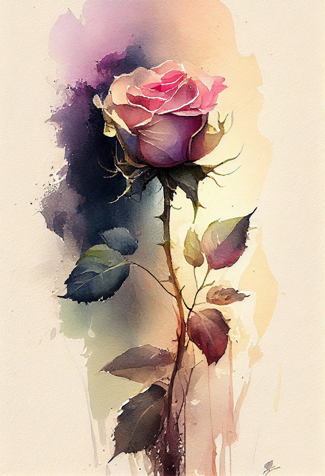 Pink Rose Flower Art Print Botanical Watercolors Illustration Instant ...