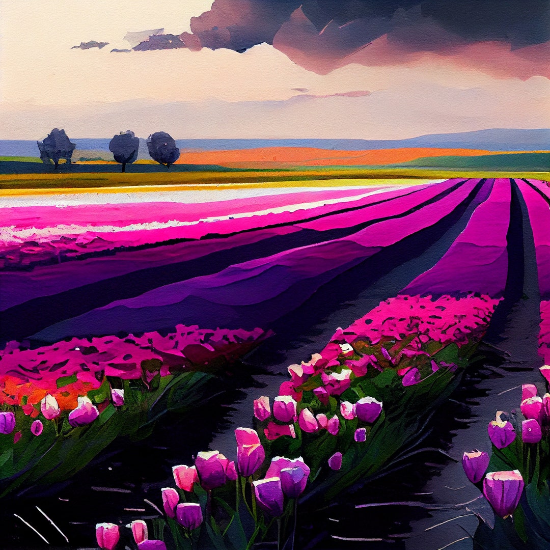 Purple Tulip Field - Flower Art Print - Botanical Watercolors ...