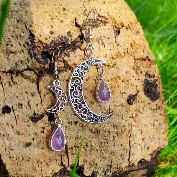 LUNAE - Moon shaped stone earrings. 60mm stainless steel silver earrings. Nickel and lead free