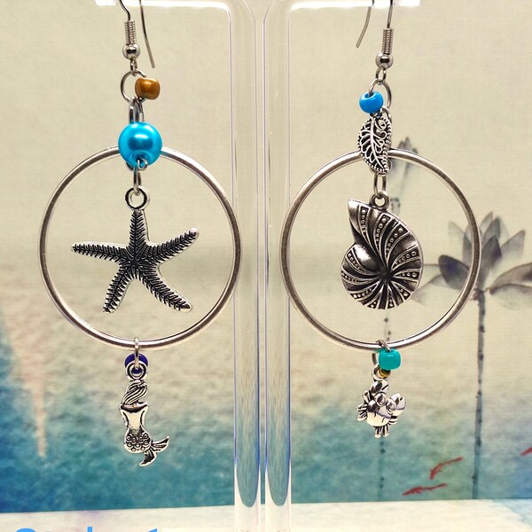 UNDER THE SEA - Dangle earrings with hoop. 80mm long stainless steel and silver plated brass. Nickel and lead free