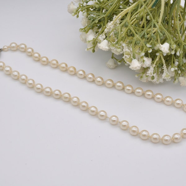 Vintage Imitation Pearl Necklace with Sparkly Clasp - Individually Knotted Beads | Statement Costume Jewellery | 1980s Faux Pearl