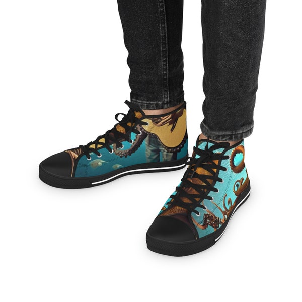 Sneakers Mens High Top Tennis Shoes Octopus Playing Guitar Sneakers Under The Sea Surrealism Steam Punk Design Guitar musician cool shoes
