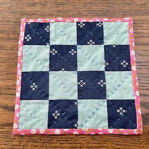 Quilted place mat, mug rug, fabric coaster, plant mat, hand quilted - simple checkered design blue and pink flowers