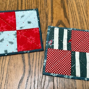 Quilted mug rugs set of 2 - coasters - winter wonderland Christmas red blue