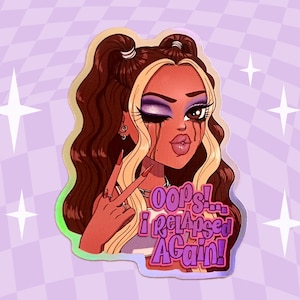 Peut inclure: Un autocollant représentant une femme de dessin animé avec des cheveux bruns et des yeux bleus. Elle porte une chemise blanche et a un signe de paix dessiné sur sa main. Le texte "oops! i relapsed again!" est écrit en violet sur l'autocollant.