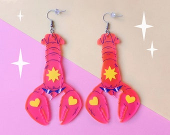 Oversized lobster earrings | neon pink acrylic | funny bad boy | sunglasses | funky sassy dummy lobster