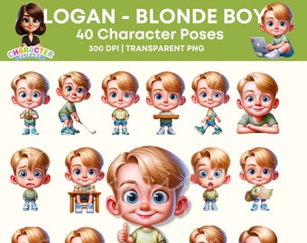 Cute Blonde Boy Clipart Pack - 40 High-Quality PNGs for Storybooks, Sublimation, KDP, YouTube Kids, Print on Demand, 300 DPI, commercial use