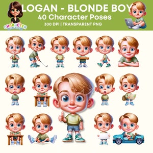 かわいい金髪の男の子のクリップアート パック - ストーリーブック、昇華、KDP、YouTube Kids、オンデマンド印刷、300 DPI、商用利用向けの 40 種類の高品質 PNG