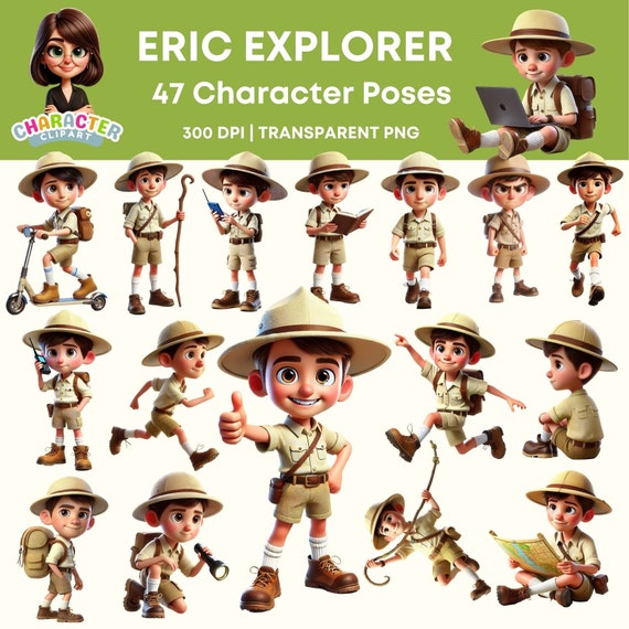 Explorer Jungle Cartoon Clipart - 47 Commercial use 300dpi PNG Images - Safari Adventure Storybook Character Poses for Videos & Invitations