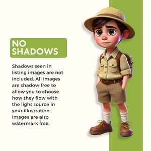 May include: A cartoon illustration of a boy wearing a brown hat, a beige shirt, brown shorts, and brown shoes. The text "NO SHADOWS" is in a green box at the top of the image. The text below the box explains that the images are shadow free and watermark free.