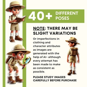 May include: A cartoon illustration of a boy wearing a safari hat and holding a magnifying glass. The image is part of a set of 40+ different poses. The text "NOTE: THERE MAY BE SLIGHT VARIATIONS" is included in the image.