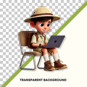May include: A cartoon boy wearing a safari hat and a backpack sits on a chair and uses a laptop computer.