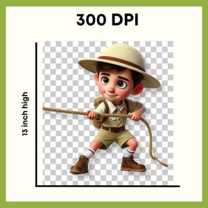 May include: A cartoon boy wearing a brown and tan hat and a khaki uniform pulls on a rope. He is wearing brown boots and has a backpack on.