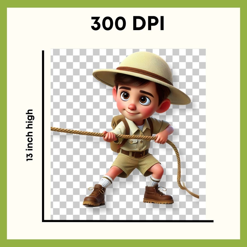 May include: A cartoon boy wearing a brown and tan hat and a khaki uniform pulls on a rope. He is wearing brown boots and has a backpack on.
